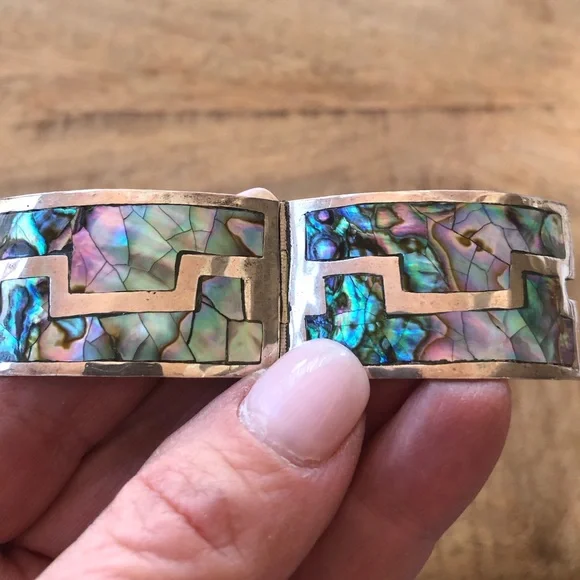 925 sterling silver & abalone gorgeous hinged link bracelet made in Mexico - Picture 7 of 16